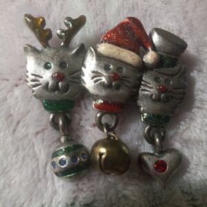 Festive Cat Charm Trio - Silver, Green, Red